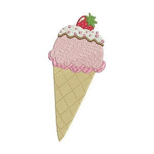 Pode incluir: Um cone de sorvete rosa e branco com um morango no topo. O cone é decorado com granulado branco e um redemoinho marrom.