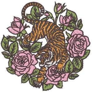 May include: An embroidered patch featuring a central orange and black tiger with its mouth open, surrounded by a circular arrangement of light pink roses and green leaves. The tiger is depicted in a pouncing pose with its tail curled upward.