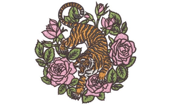 Tiger Roses Embroidery Design - Machine Embroidery File design - 8x8 inch hoop - instant download - Tiger Design