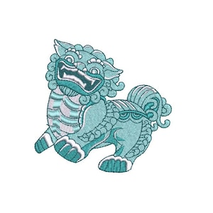 May include: An embroidered design of a stylised lion in blue and white, with a curled tail. The lion is in a playful pose with its mouth open and tongue sticking out.