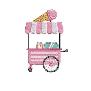 May include: An embroidered patch featuring a pink ice cream cart with a striped pink and white canopy. The cart has a large wheel, a handle, and a single ice cream cone with a scoop of pink ice cream placed on top of the roof structure.