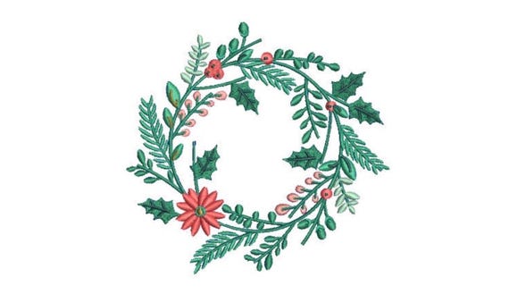 Floral Christmas Wreath Embroidery - Machine Embroidery File - design 5x7 inch hoop - Monogram frame