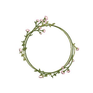 May include: A circular wreath made of green vines with small pink flowers. The wreath is ideal for adding a touch of nature to any space.