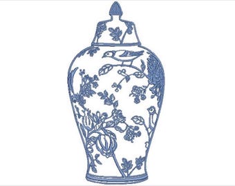 Chinoiserie Chic Bird Ginger Jar Embroidery Design  - Machine Embroidery File design - 6x10 hoop