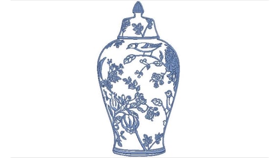 Chinoiserie Chic Bird Ginger Jar Embroidery Design  - Machine Embroidery File design - 6x10 hoop
