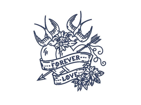 Forever Love Swallow Bird Tattoo Retro Machine Embroidery File design 5 x 7 inch hoop