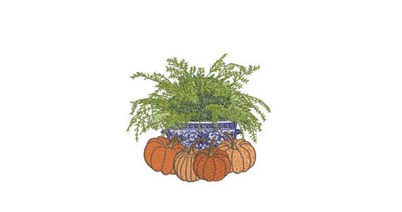 Chinoiserie Silk Fern Pumpkins Embroidery - Hamptons Pot Plant - Machine Embroidery File design - 4 x 4 inch hoop - Instant Download