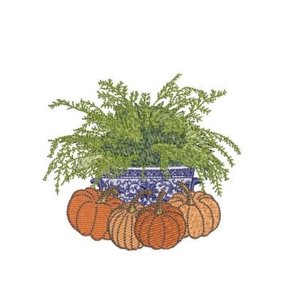 Chinoiserie Silk Fern Pumpkins Embroidery - Hamptons Pot Plant - Machine Embroidery File design - 4 x 4 inch hoop - Instant Download