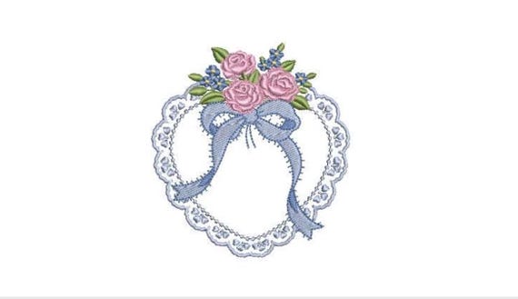 Vintage Bouquet Bow Heart - Machine Embroidery File design -  4x4 inch hoop - Lace Doily Embroidery Design