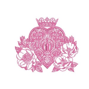 Può includere: Un lucchetto rosa a forma di cuore con un buco della serratura, circondato da fiori rosa e una corona in cima.