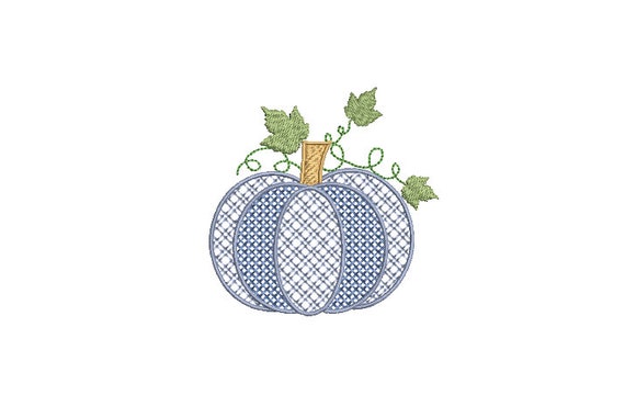 Chinoiserie Chic - Blue Plaid and Cross Stitch Pumpkin Machine Embroidery design - 4 x4 inch hoop - instant download - 8.5cm size.