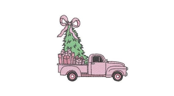 Pink Truck Christmas Tree Embroidery - Xmas Embroidery File design 4x4 hoop - Coquette Christmas Design