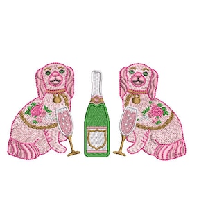 Staffordshire King Charles Spaniel Pups and Champagne Machine Embroidery File design - 5 x 7 inch hoop