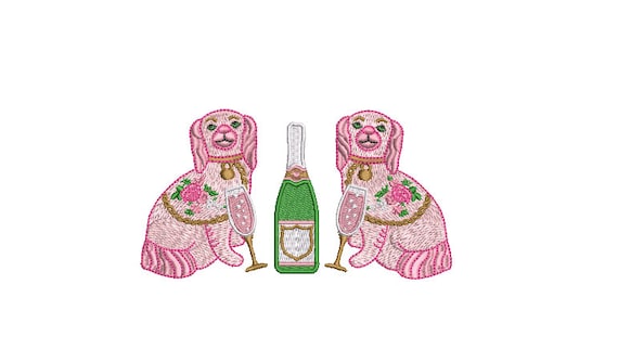 Staffordshire King Charles Spaniel Pups and Champagne Machine Embroidery File design - 5 x 7 inch hoop