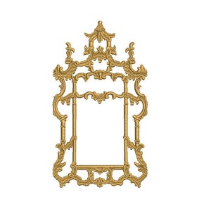 May include: A gold ornate mirror frame with a decorative design. The frame has a pagoda-like top and intricate scrollwork.