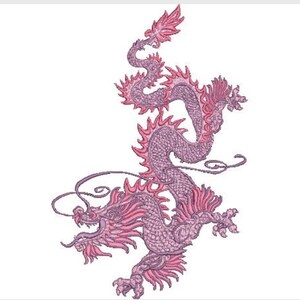 May include: An embroidered patch featuring a serpentine dragon in shades of light purple and pink. The dragon is depicted in a winding, vertical pose with detailed scales, flowing whiskers, sharp claws, and a prominent spiky mane along its back.