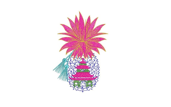 Chinoiserie Pagoda Pineapple Embroidery - Machine Embroidery Tropical Summer Pineapple Embroidery File design 5x7 hoop