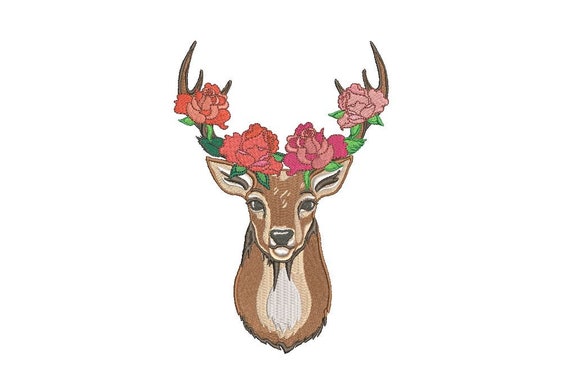 Deer Embroidery Design - Machine Embroidery Deer Antlers With Roses Bohemian Machine Embroidery File design 5x7 hoop