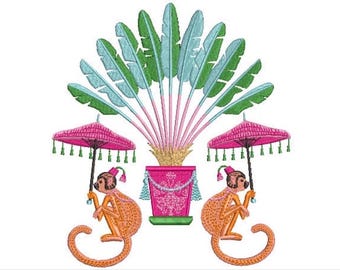 File per ricamo a macchina "Chinoiserie Monkeys Palm" - Telaio 6 x 10 pollici - Stile Chinoiserie Chic - download immediato