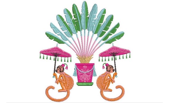 Chinoiserie Monkeys Palm  Machine Embroidery File design -  6x10 inch hoop - Chinoiserie Chic - instant download