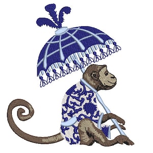 Chinoiserie Embroidery Design - Parasol Monkey Embroidery Design - Machine Embroidery File design -  8x8 inch hoop