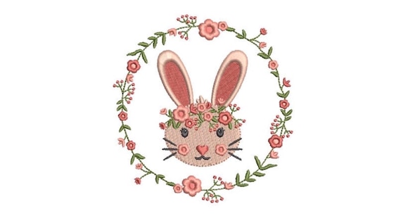 Peach Bunny Easter Wreath  - Machine Embroidery File design 4 x 4 inch hoop - Easter Embroidery Design