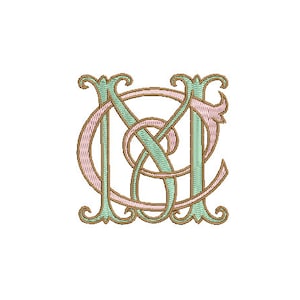 May include: Intertwined monogram of the letters "N" and "C" in a decorative script font. The letters are outlined in brown and filled with a light green color. The background is white.