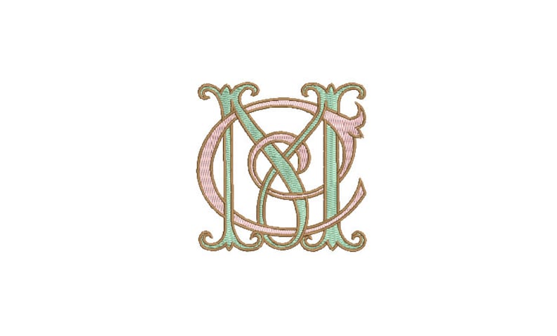 May include: Intertwined monogram of the letters "N" and "C" in a decorative script font. The letters are outlined in brown and filled with a light green color. The background is white.