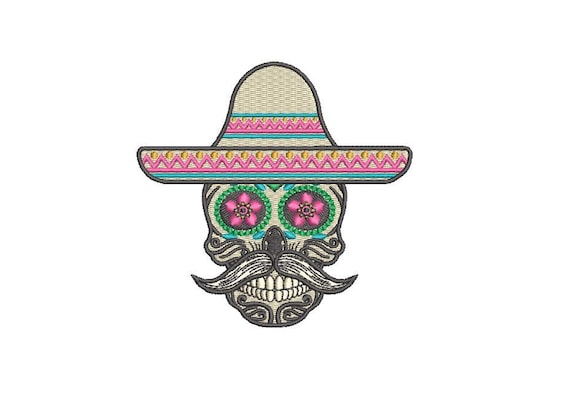 Skull Embroidery - Mexican Sombrero Skull Machine Embroidery File design 4x4 inch hoop - Instant download PES plus all formats