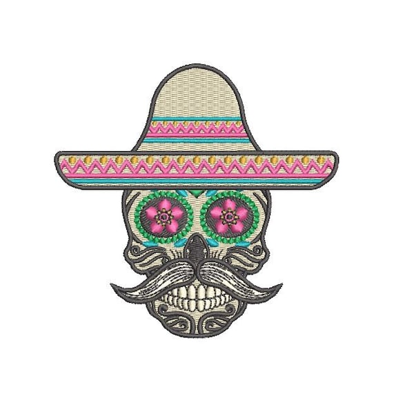 Skull Embroidery - Mexican Sombrero Skull Machine Embroidery File design 4x4 inch hoop - Instant download PES plus all formats