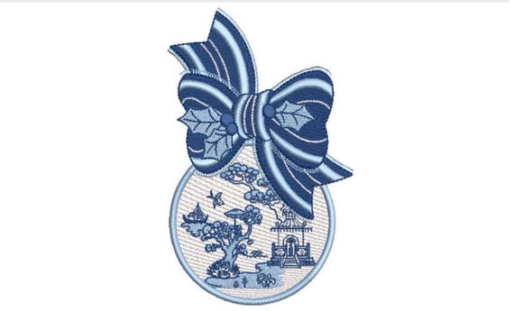 Chinoiserie Holly Bow Ornament - Christmas Machine Embroidery File design - 5x7 inch hoop - instant download - Xmas Embroidery