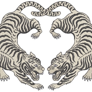 Two Tigers Embroidery Design -  Urban Machine Embroidery File design - 8x8 inch hoop - instant download - Chinoiserie Tiger Design