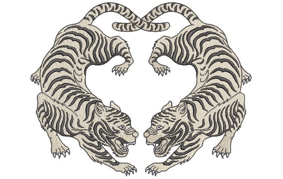 Two Tigers Embroidery Design -  Urban Machine Embroidery File design - 8x8 inch hoop - instant download - Chinoiserie Tiger Design