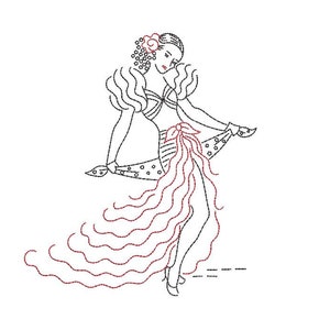 May include: Line drawing of a woman in a flowing dress with a flower in her hair. The woman is dancing with her leg raised and her arms outstretched.