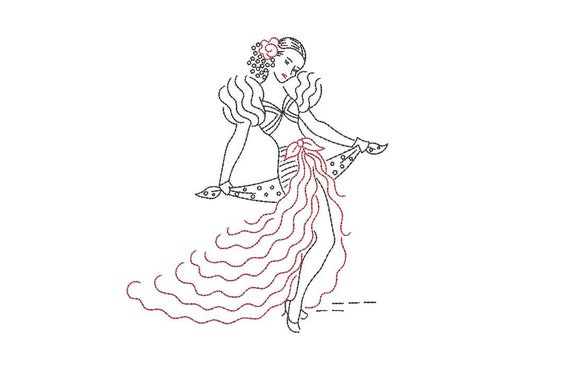 Vintage Flamenco Dancer embroidery -  Machine Embroidery File design - 5x7 hoop - Colorwork - instant download