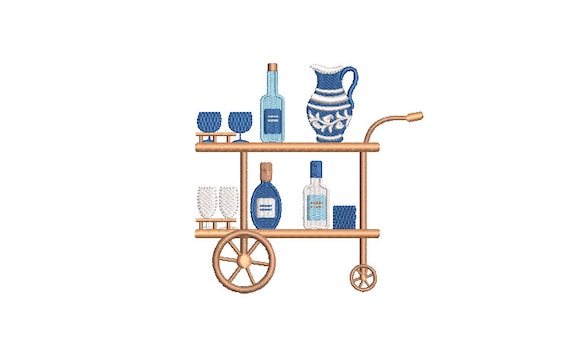 Blues Bar Cart -Champagne Bottles and Glasses - Machine Embroidery File design  - 4x4 hoop - Chinoiserie embroidery