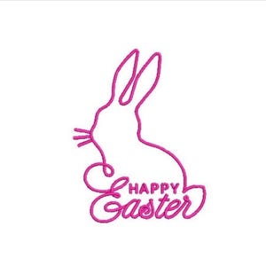 May include: A hot pink embroidered outline of a rabbit silhouette featuring long ears and whiskers, positioned above the cursive text "HAPPY EASTER" in a matching hot pink thread color, creating a decorative design on a plain white background.