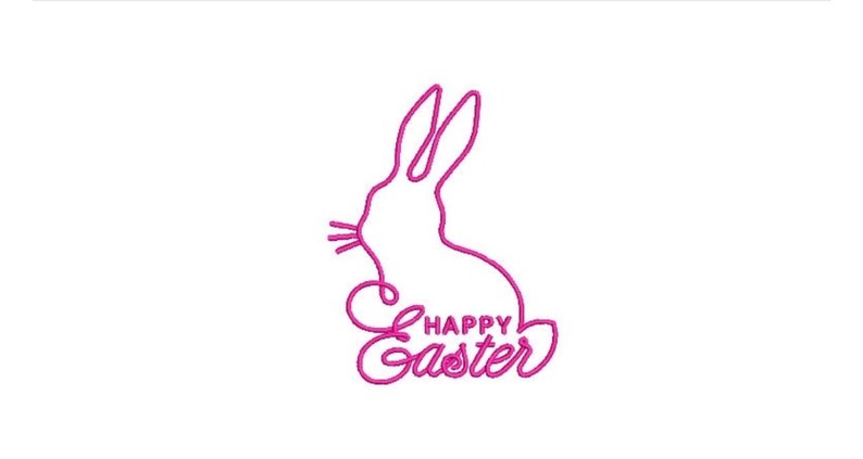 May include: A hot pink embroidered outline of a rabbit silhouette featuring long ears and whiskers, positioned above the cursive text "HAPPY EASTER" in a matching hot pink thread color, creating a decorative design on a plain white background.