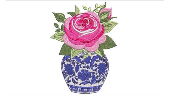 Chinoiserie Chic Rose Ginger Jar Embroidery Design  - Machine Embroidery File design - 6x10 hoop