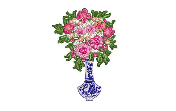 Chinoiserie Vase with Flowers - Machine Embroidery File design - 4x4 hoop - Chinoiserie Chic