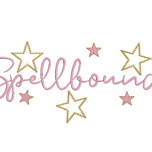 Puede incluir: Texto bordado en rosa "Spellbound" en cursiva, rodeado de estrellas doradas y rosas sobre fondo blanco. Las estrellas son de varios tamaños y estilos, creando un diseño decorativo.
