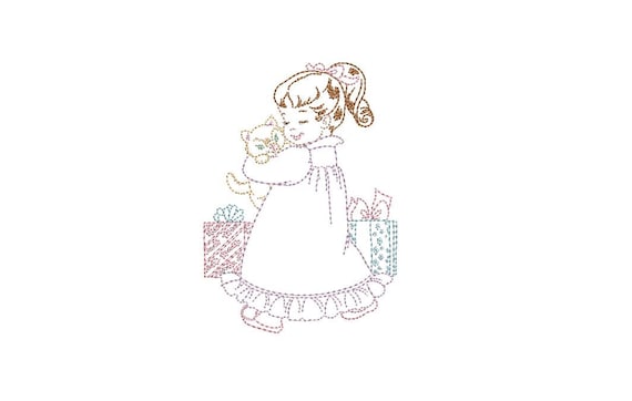 Vintage Xmas Kitty Girl Colorwork - Machine Embroidery File design - 4x4 inch hoop - instant download