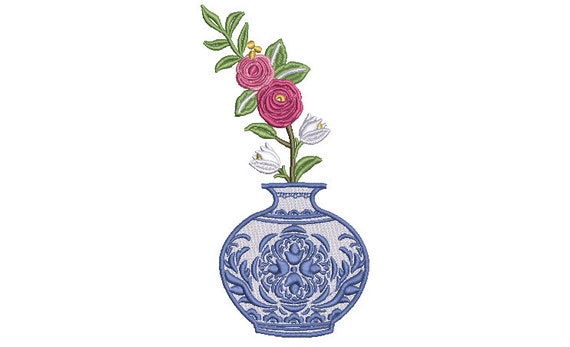 Chinoiserie Vase With Flowers - Machine Embroidery File design - 5x7 inch hoop - Instant Download - Ginger Jar