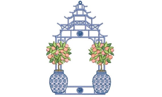 Chinoiserie Peach Tree Pagoda - Machine Embroidery File design -5 x 7 inch hoop - Instant Download - Monogram Frame