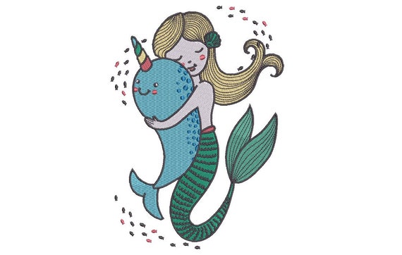 Mermaid Embroidery Design - Machine Embroidery Mermaid & Narwhal File design - 5x7 inch hoop - Instant download