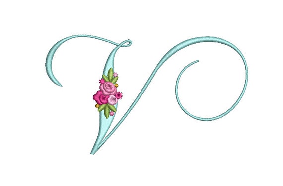 Pretty Rose Script LETTER V  Machine Embroidery File design - 5 x 7 inch hoop - Monogram design