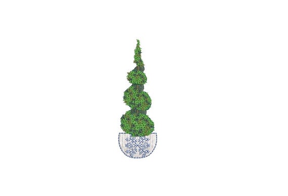 Chinoiserie Boxwood Twirl Tree Embroidery - Hamptons Pot Plant - Machine Embroidery File design - 4 x 4 inch hoop - Instant Download