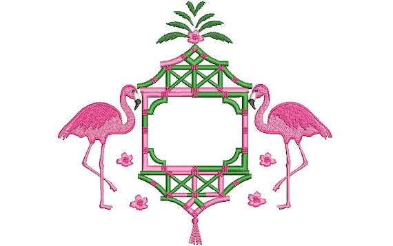 Chinoiserie Embroidery Design - Flamingo Pagoda Embroidery Design - Machine Embroidery File design -  8x8 inch hoop