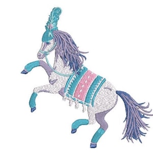 May include: An embroidered design of a rearing horse with a white body, purple mane and tail, and a teal headpiece featuring a plume. The horse wears a teal and pink saddle blanket with white fringe and matching teal leg wraps on its lower legs.