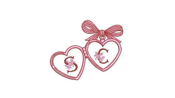 Valentine Stripe Bow Heart Locket Monogram Frame - Machine Embroidery File design -  4x4 inch hoop - Letters Not Included